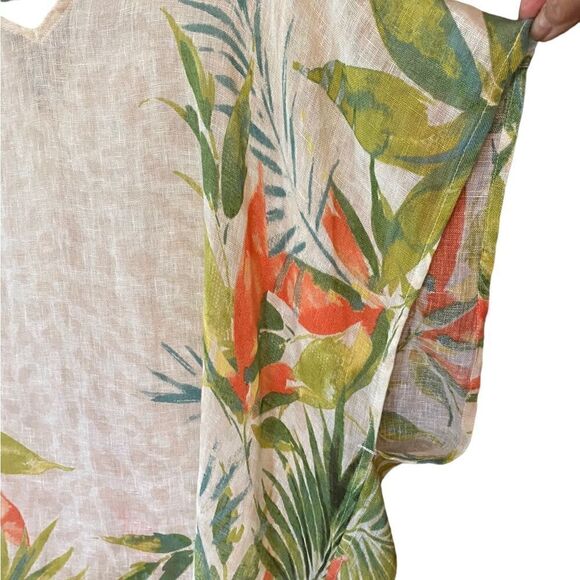 Chico’s Sz S/M Beige Orange Tropical Palms Linen Relaxed Fit Keyhole Front Tunic - Picture 3 of 6